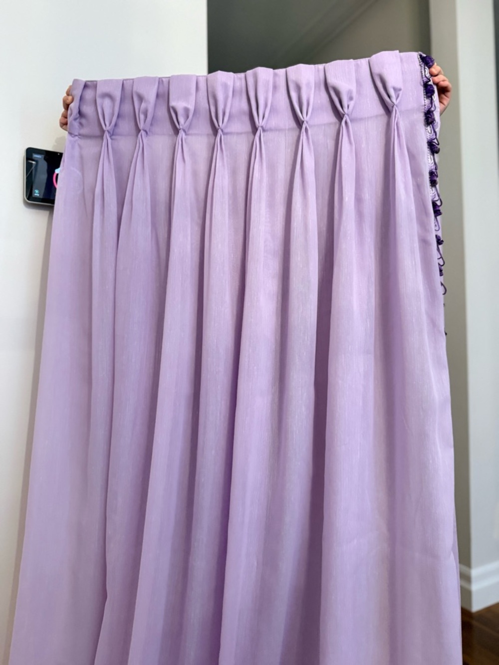 Lilac elegant set of curtains with decorative trim and weighted bottoms